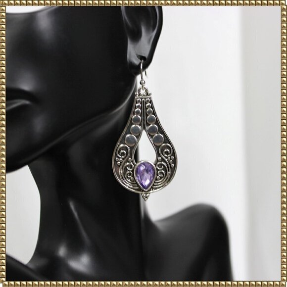 Silver Water Drop Purple Boho Statement Earrings - Picture 1 of 3